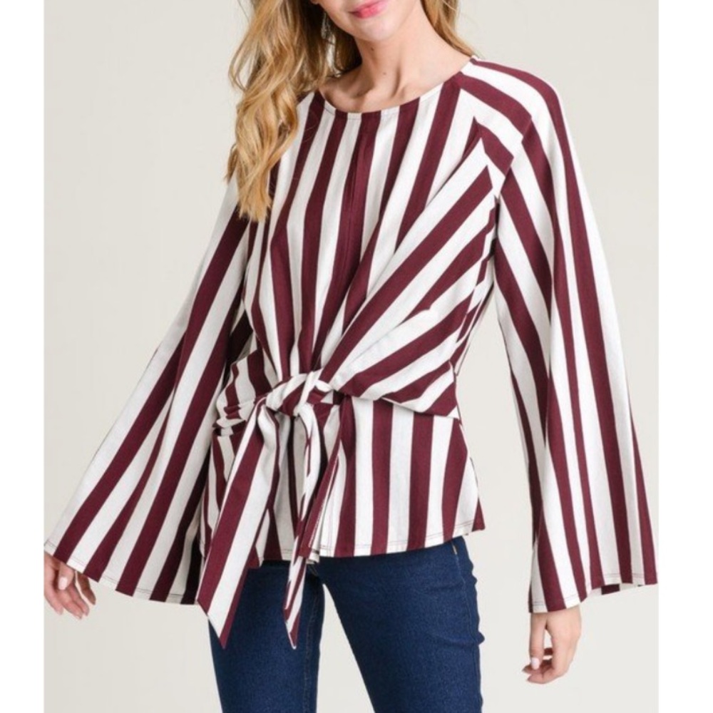Jodifl Red Striped Bell Sleeve Tie Peplum Blouse - Picture 1 of 8